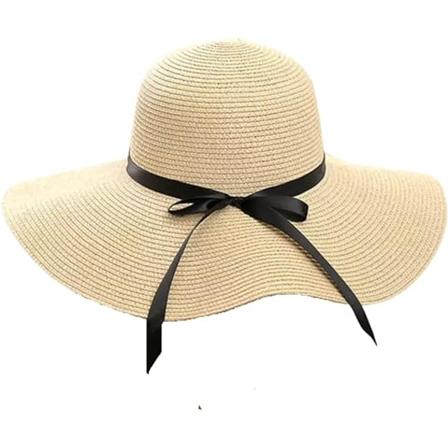 Sommerstrandhat i halm til kvinder - Blød & Foldsbar med Bred Skygge & Sløjfe Beige One Size