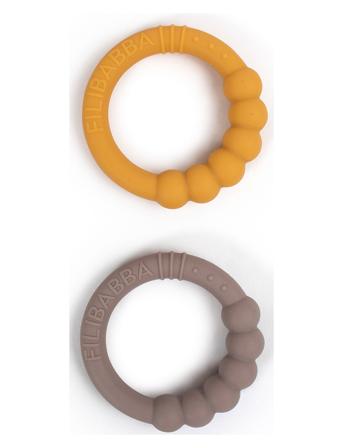 Silic Teether Ring 2-Pack - Warm Grey + H Y Gold Patterned Filibabba