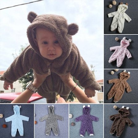 Söt baby plysch björn fot huva sparkdräkt med dragkedja