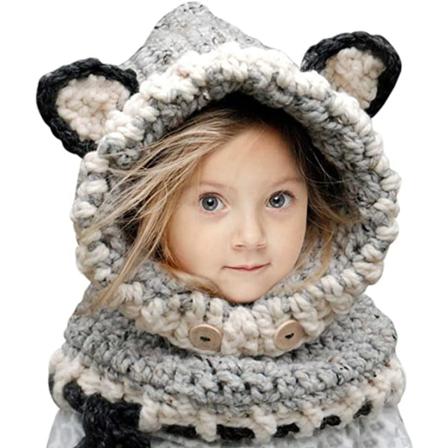 Vinter Barn Varm Räv Djurmössor Stickad Coif Huva Scarf-grå