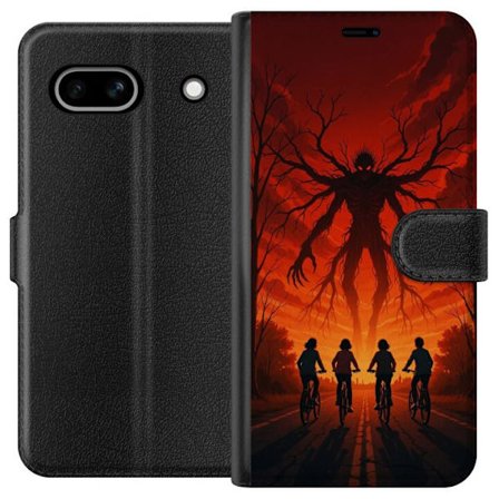 Kompatibelt Plånboksfodral till Google Google Pixel 7a Mörk Stranger Things-inspirerad skräckillustration med röd himmel, monsterfigur och cykland