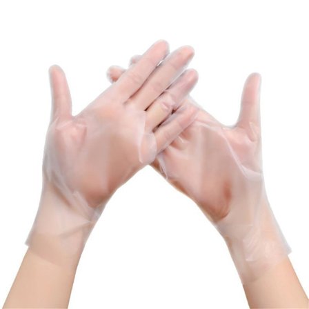 Genomskinliga plasthandskar, ergonomisk design, livsmedelsgodkända engångshandskar i polyeten, vattentäta och oljetäta, ambidextriös design för bred 