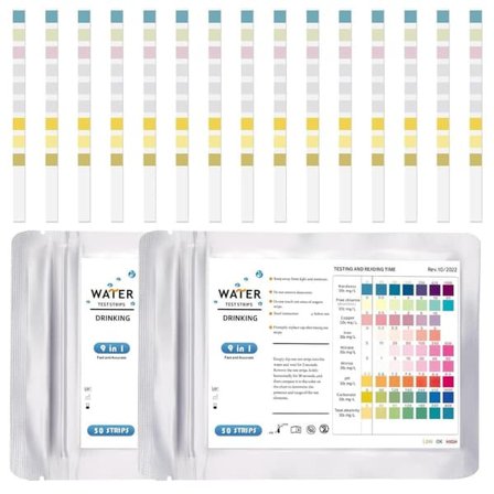 50/100 kpl 9-in-1 Testiliuskat Vesitestaaja – pH, kovuus, kloori, kupari, rauta, nitraatti, nitriitti, karbonaatti & kokonaisalkalisuus