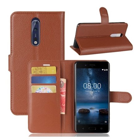 Nokia 8 Litchi skind læder etui - Brun
