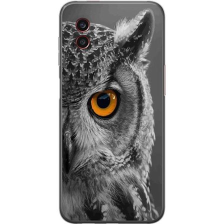 Kompatibel Mobilcover til Samsung Galaxy Xcover6 Pro Sort-hvid tæt på billede af en ugle med intens orange øje og detaljeret fjerstruktur.