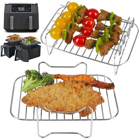 2 stk. Dehydrator Rack med 4 Spyd, Air Fryer AF300UK AF400UK Tilbehør, Grillrist til Ninja/Salter/Instant/EMtronics Double Drawer Fryer