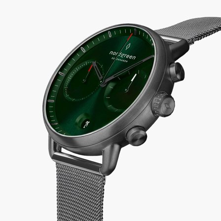 Nordgreen - Sportliche Saphirglas Quartz Herrenuhr - Anthrazit - Grünes Ziffernblatt - 42mm Mesh Armband Anthrazit