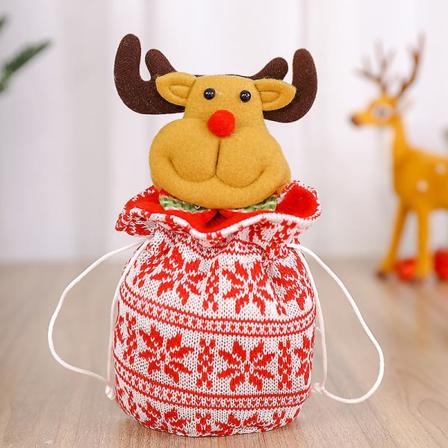 Julegaveposer med snøre, 3D-design æblegaveposer, julekonfektpose, strikket hjorteæblepose [HK] Knitted deer apple bag