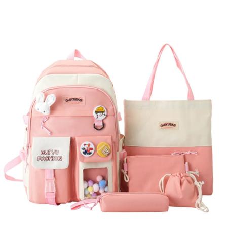 Rygsæk Koreansk stil Frisk Yuyu Series Primary and Secondary School Schooltaske Stor Kapacitet Casual Pink five-piece set Colorful ball with badge