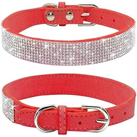 2 st röda hundhalsband i storlek XS med strass, tillverkade av mjuk syntet