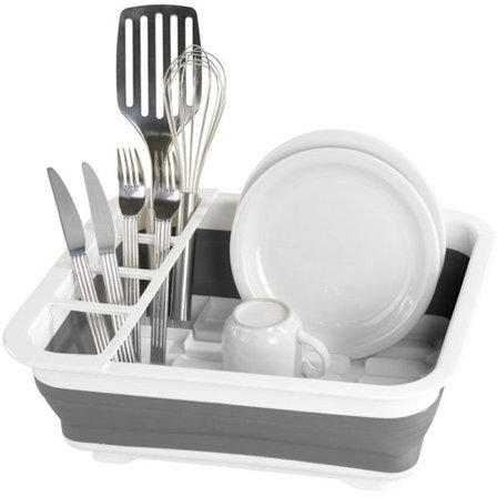 Sammenleggbart oppvaskstativ, oppvaskstativ i plast, bestikkholder og tallerkenstøtte, plast, 36,5x13x31 cm, hvit-grå