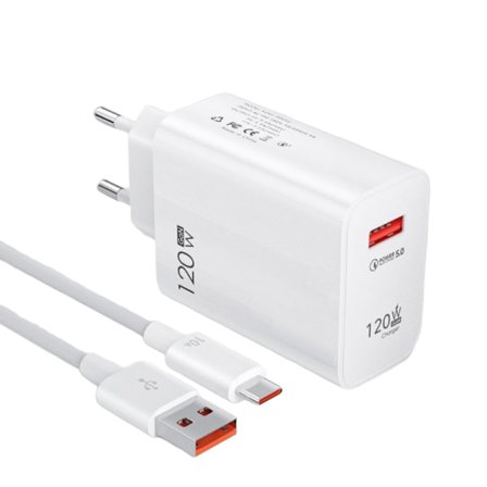 120W USB-oplader Quick Charge QC3.0 USB C-kabel Type C-kabel Mobiloplader til Huawei Samsung Xiaomi Hurtigopladning EU-Hvid-10A