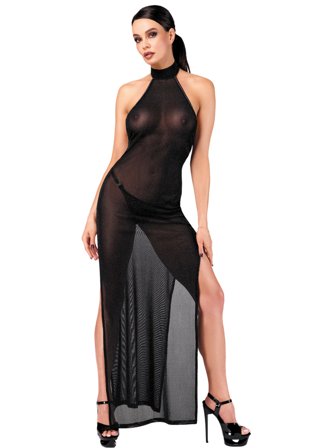 F372 Onyx Twin-slit Long Dress - Vuxen.se - Sexig klänning i spets & glansigt material