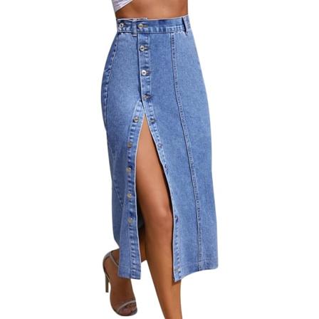 IC Damkjol med knapp upp och sida slits denim midikjol Casual hög midja Slim Fit Jean Pencil Skirt (stor)