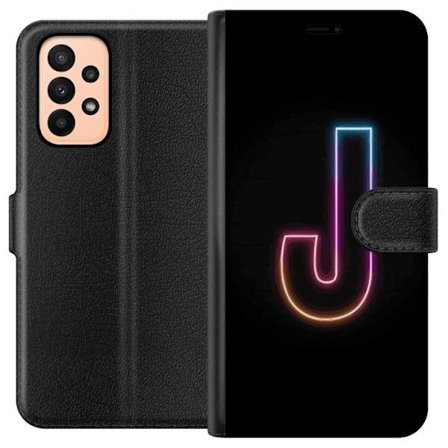 Kompatibel Tegnebogsetui til Samsung Samsung Galaxy A23 Minimalistisk neonbogstav J i farveskiftende lys mod sort baggrund