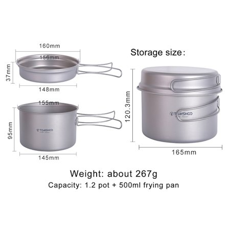 TOMSHOO Titanium Gryte og Titanium Tallerken Sett Rent Titanium Grytesett Utendørs Stekepanne Camping Matlaging