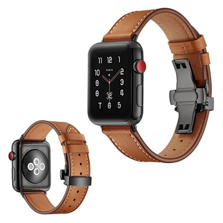 Apple Watch Series 5 44 mm hållbart klockarmband i äkta läder - Svart Spänne / Ljusbrun
