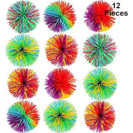 12 stycken Monkey Stringy Balls Sensoriska Fidget Stringy Balls Mjuka Regnbågs Pom Bouncy Stressbollar med Förvaringsväska, Flerfärgad (2,75 tum 12 