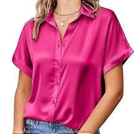Dame Satengskjorte Svart Grønn Hvit Krage Knapp Kort Erme Topper Løs Bluse (XXL rose)