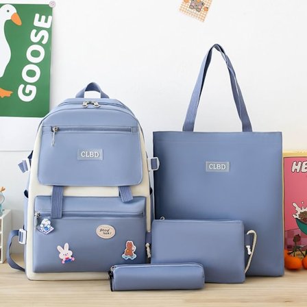 Student skolväska, skolväska, mellanstadie flickor, grundskoleelever, gymnasium campus, stor kapacitet borr ryggsäck fyrdelad set-blå