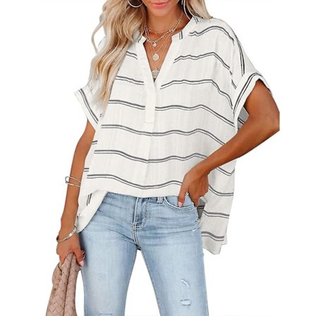 Hals Kort Ermet T-skjorte Sommer Casual Bluse Stripete Skjorte