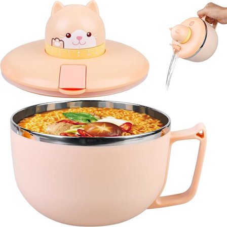Ramen-kulho kannella, 1200 ml suuri pikanuudelikulho ajastimella, valmistettu 304 ruostumattomasta teräksestä, pastakulhot, pikanuudelikulho (kissa)