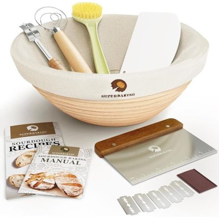 Jäskorg 23cm Rund Brödkorg för Surdegsbröd med Duk och Redskap Baktillbehör Set