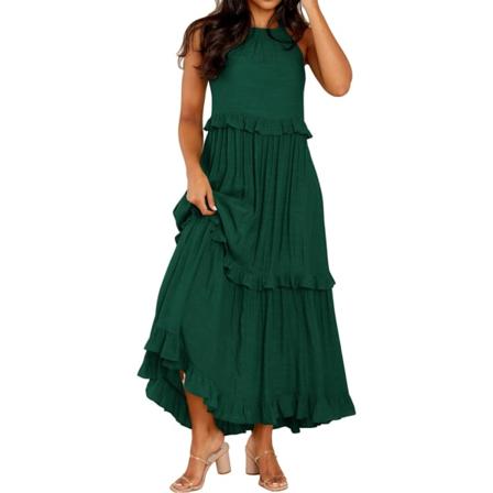 ivimos Dam Sommarklänning Bomull Ärmlös Halterneck Lager Ruffles Casual Boho Flytande Maxiklänning Smaragdgrön Medium