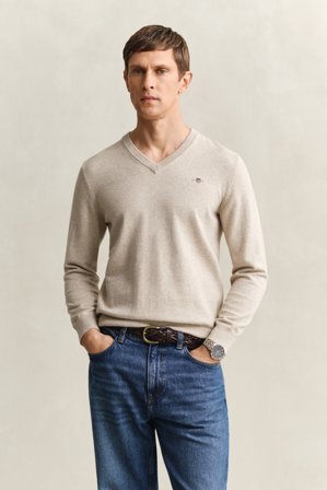 GANT Herren Klassischer V-Neck Pullover aus Baumwolle (M) Beige