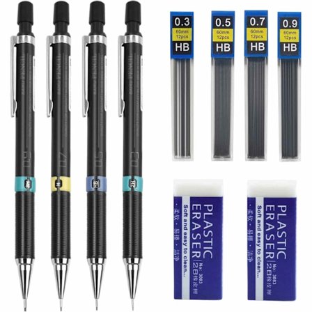 Mekaaninen kynäsetti, 0,3 0,5 0,7 0,9 mm HB Mekaaninen kynä Automaattinen kynä Lyijykynä Arkkitehtuuri Painekynä pyyhekumilla ja lyijytäytteillä