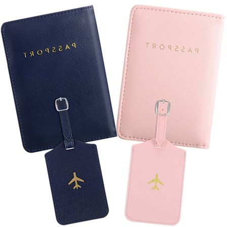 Reisesett for par 2 stk, Mr Mrs Passomslag og bagasjelapper i rosa og blått, matchende reiselommebøker i skinn, gave til ham og henne med