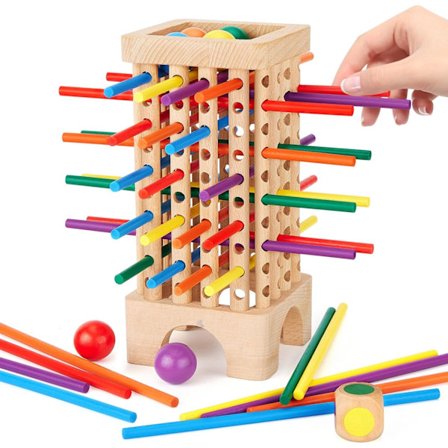 Brætspil 3 4 5 6 år, Børnebrætspil, Montessori trælegetøj med 42 farvede pinde og terninger, Tårnspil