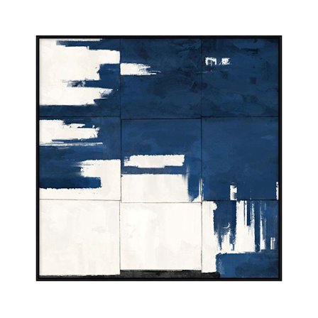 Abstrakt geometrisk lærredskunst, blå/hvid, 80x80 cm