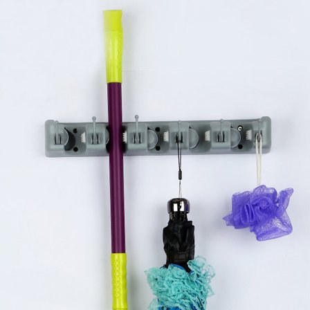 Kosteskaft Holder Vægmonteret Moppeholder Med Krogstrop 5 Positioner Og 6 Kroge, Egnet Til Køkken, Badeværelse