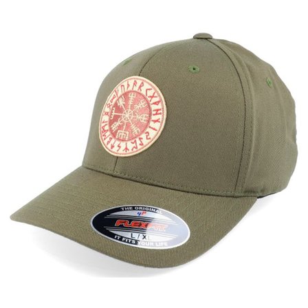 Vikings - Grön flexfit Keps - Vegvísir Rungalder Patch Olive Green Flexfit @ Hatstore