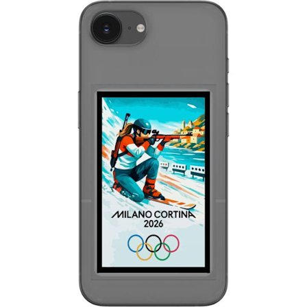 Kompatibelt Mobildeksel til Apple iPhone 16e Retroplakat Cortina Milano 2026 med fjell, vintersportsutøvere, italienske trikolor, Milano-katedralen og