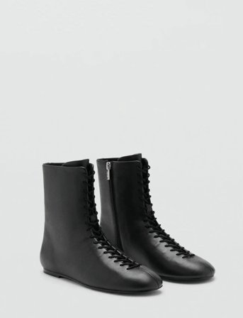 Mango Lace-Up Leather Ankle Boots - Black - 39