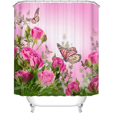 Rosa blomma fjäril duschdraperi, romantiska fjärilar