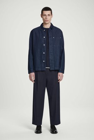 COS Men's Relaxed Pleated Cotton Tapered Trousers in Blue