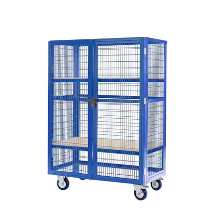 Mobile storage cage, plywood shelves, 1655x900x600 mm, blue