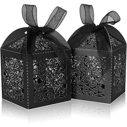 50 stk laserkuttede gaveesker, bryllupsgaveesker med bånd og merker, små gaveesker til bryllup, fest, babyshower, brude shower (5*5*8CM ", svart)