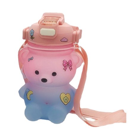 Söpö Karhu Sarjakuva Juomapullo 1000ml Himmeä Liukuväri Pillillä ja Hihnalla Lapsille Pinkki