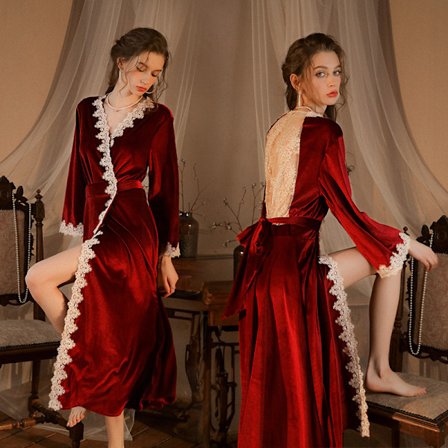 Fløyelslang Bryllupskåpe Nattkjole Sexy Utskåret Blonder Badekåpe