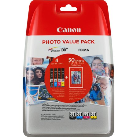 Canon CLI-551 C/M/Y/BK Photo Value Pack - 4-pack - svart, gul, cyan, magenta - original - blekkbeholder / papirsett