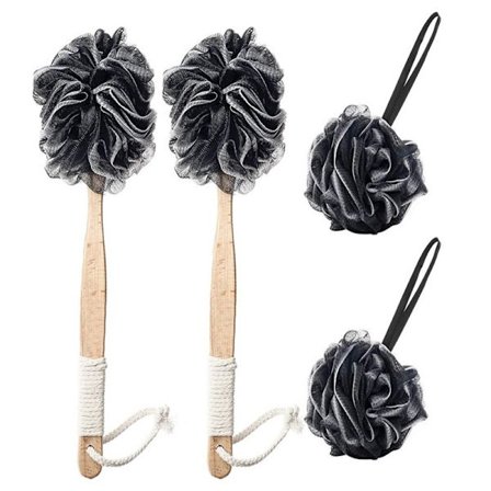 4 stycken Bambu Träkol Fiber Badboll Trähandtag Bad Blomma Halkfritt handtag Badboll Gnid Bad Baksida