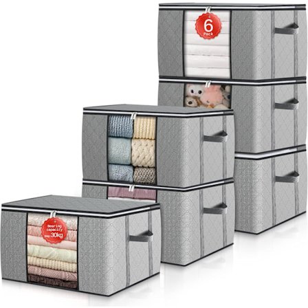 Store opbevaringsposer til tøj, 6-pak, opbevaringskasser med låg, forstærkede håndtag, flyttekasser, skabsopbevaring til dyner, sengetøj og tøj