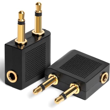 2 flyadaptere, gullbelagt hodetelefonadapter, universell type, flyhodetelefonadapter, 3,5 mm, egnet for multimediasystemer.