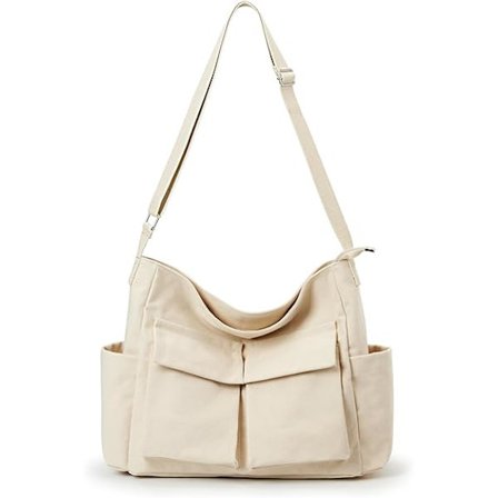 Canvas Tote Bag Messenger Bag, Stor Crossbody Väska kompatibel Kvinnor eller Män, Casual Canvas Axelväska kompatibel Skola Arbete Dagligen (Beige)