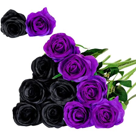 Sett med 12 kunstige silke roser (svart, lilla) for hjemmedekor, bryllupsfest