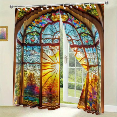 Vandtæt gardin med glasmosaik-vindue, digitalt trykt gardin, retro kunstglas, 180x180CM